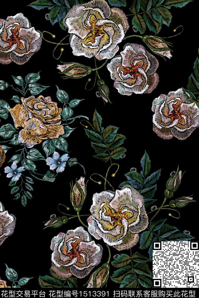 复古花卉真丝数码印花华亿平台下载（图片编号: 1513391） - 瓦栏（Walan）