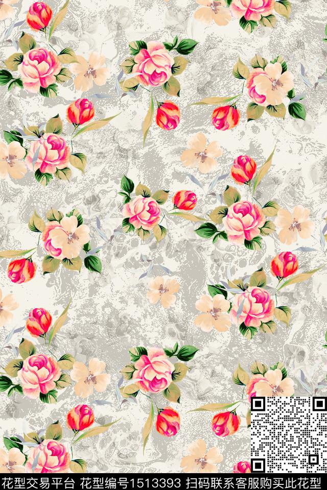 真丝花卉组合花卉数码印花华亿平台下载（图片编号: 1513393） - 瓦栏（Walan）
