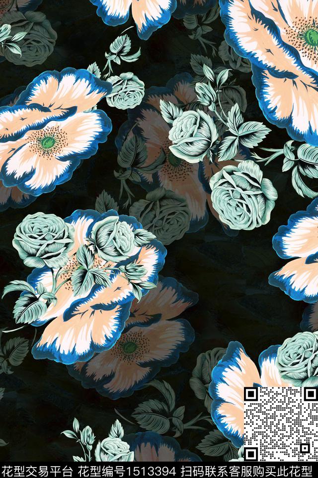 真丝花卉组合花卉数码印花华亿平台下载（图片编号: 1513394） - 瓦栏（Walan）