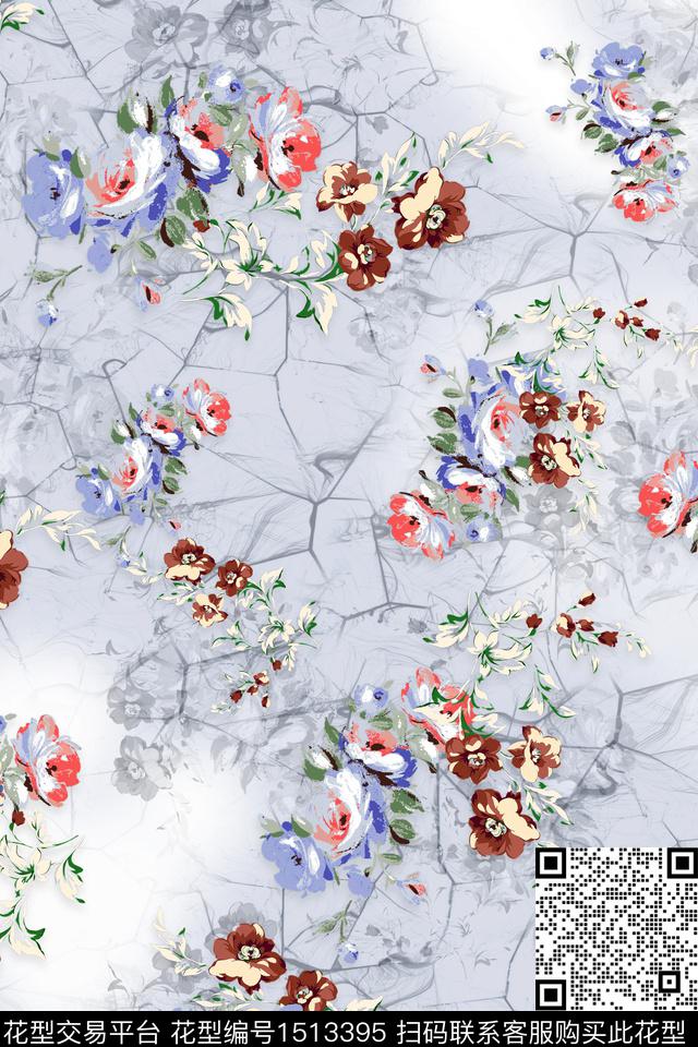 真丝花卉组合花卉数码印花华亿平台下载（图片编号: 1513395） - 瓦栏（Walan）