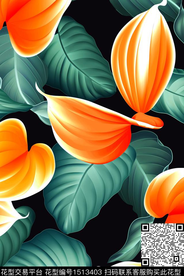 绿植树叶花卉热带华亿平台数码印花华亿平台下载（图片编号: 1513403） - 瓦栏（Walan）