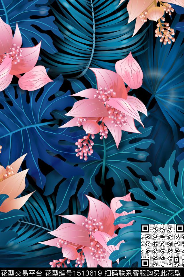 绿植树叶花卉热带华亿平台数码印花华亿平台下载（图片编号: 1513619） - 瓦栏（Walan）