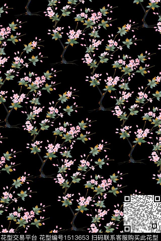 黑底花卉小清新小碎花数码印花华亿平台下载（图片编号: 1513653） - 瓦栏（Walan）