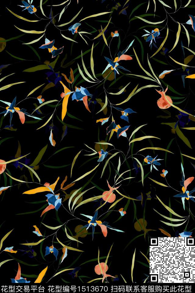 黑底花卉大牌风小清新数码印花华亿平台下载（图片编号: 1513670） - 瓦栏（Walan）