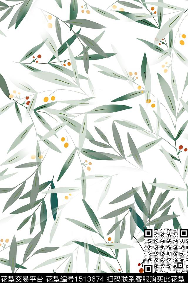 绿植树叶清爽底花卉大牌风数码印花华亿平台下载（图片编号: 1513674） - 瓦栏（Walan）