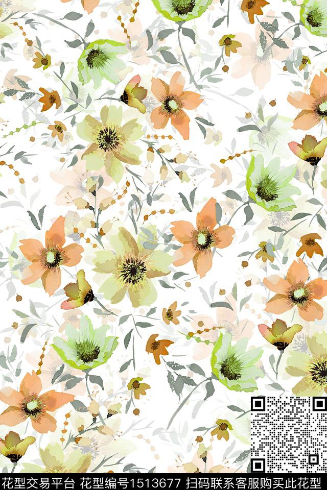 花卉小清新真丝数码印花华亿平台下载（图片编号: 1513677） - 瓦栏（Walan）