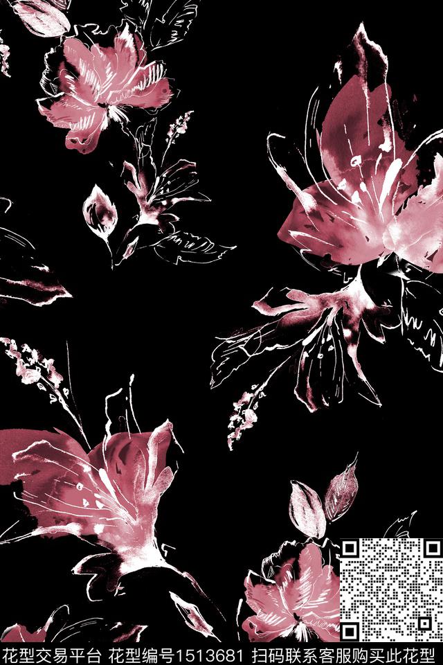 黑底花卉花卉真丝数码印花华亿平台下载（图片编号: 1513681） - 瓦栏（Walan）