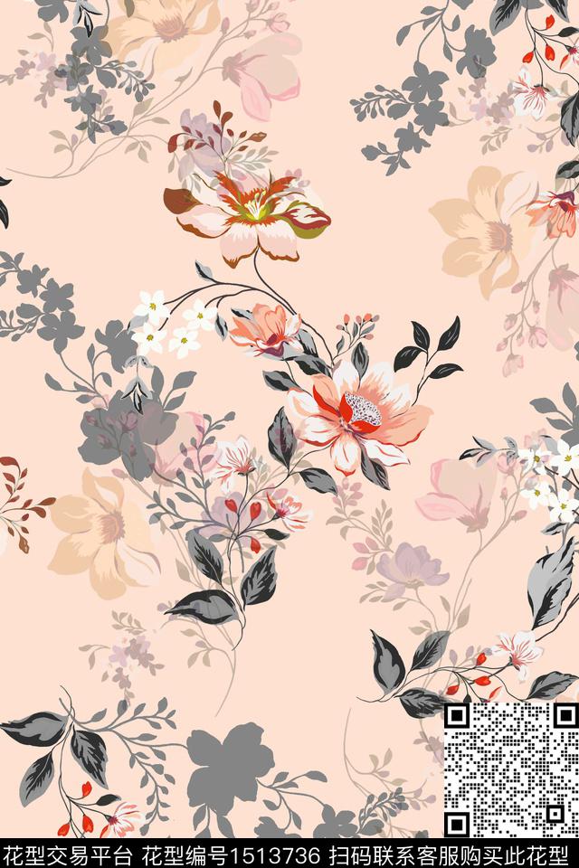 花卉手绘矢量数码印花华亿平台下载（图片编号: 1513736） - 瓦栏（Walan）