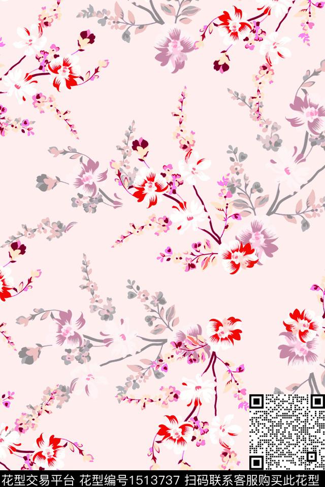 花卉手绘矢量数码印花华亿平台下载（图片编号: 1513737） - 瓦栏（Walan）