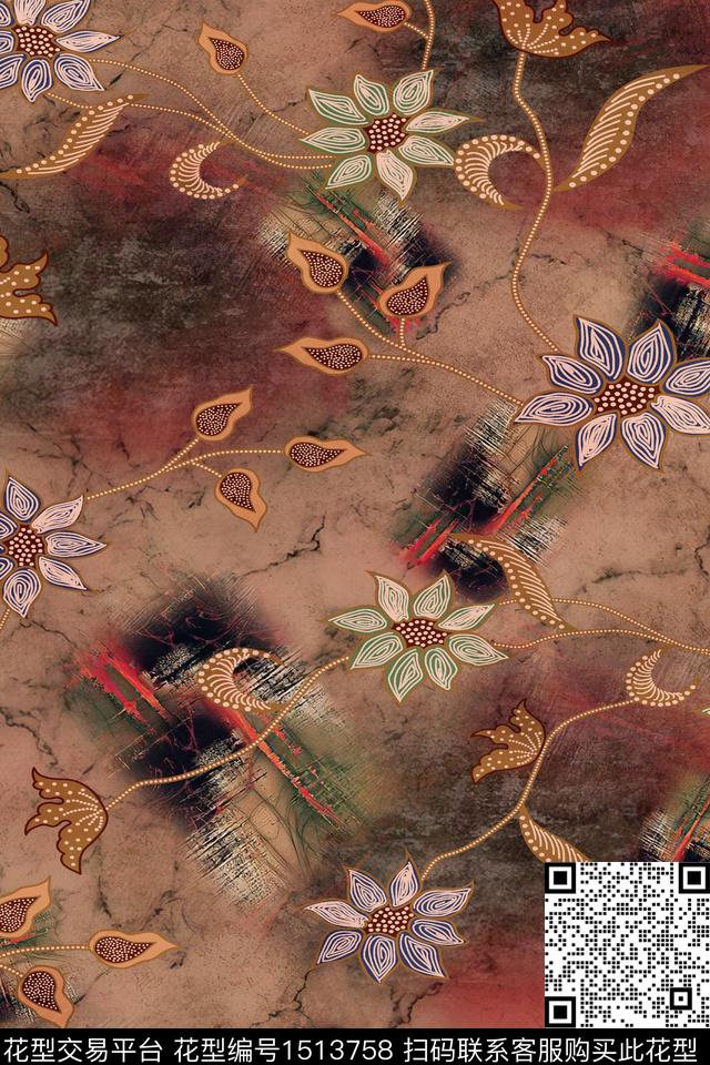 复古花卉香云纱数码印花华亿平台下载（图片编号: 1513758） - 瓦栏（Walan）