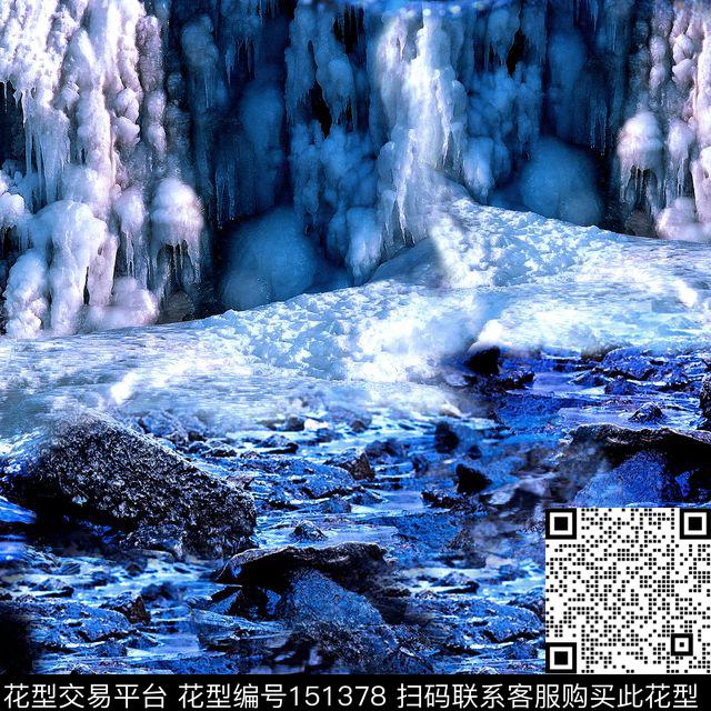 山水画瀑布定位花数码印花华亿平台下载（图片编号: 151378） - 瓦栏（Walan）