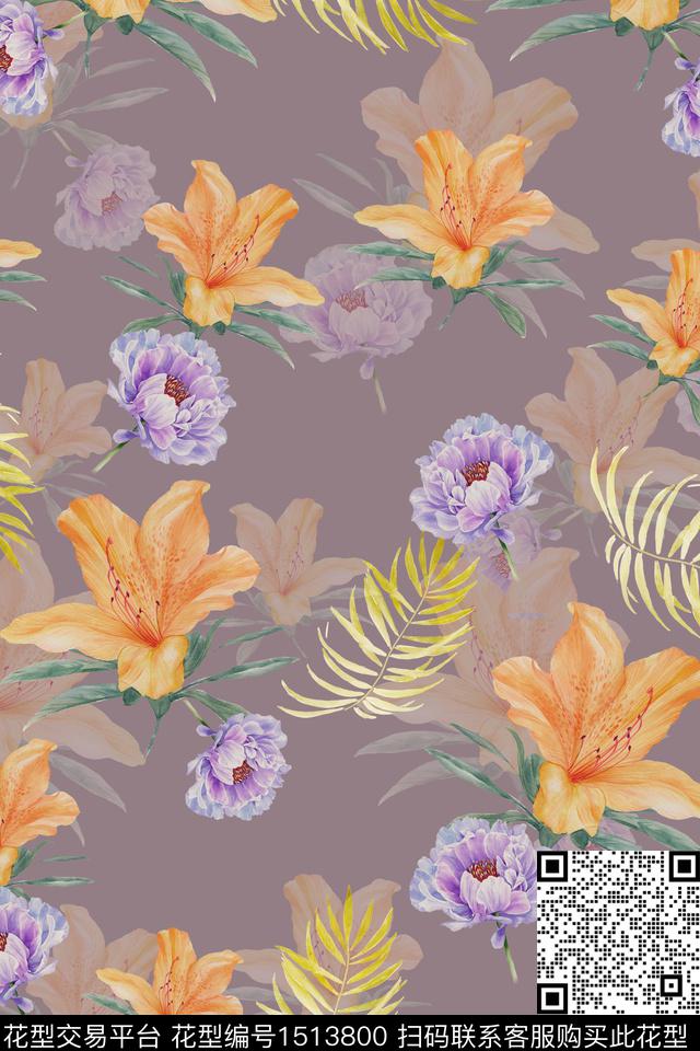 花卉大牌风真丝数码印花华亿平台下载（图片编号: 1513800） - 瓦栏（Walan）