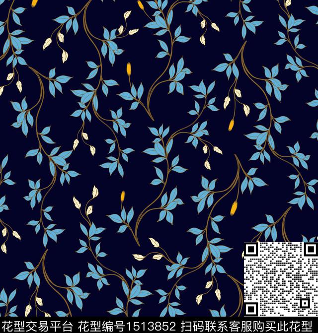 黑底花卉春夏华亿平台绿植树叶数码印花华亿平台下载（图片编号: 1513852） - 瓦栏（Walan）