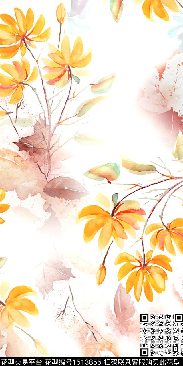 水墨风手绘花卉水彩花卉数码印花华亿平台下载（图片编号: 1513855） - 瓦栏（Walan）
