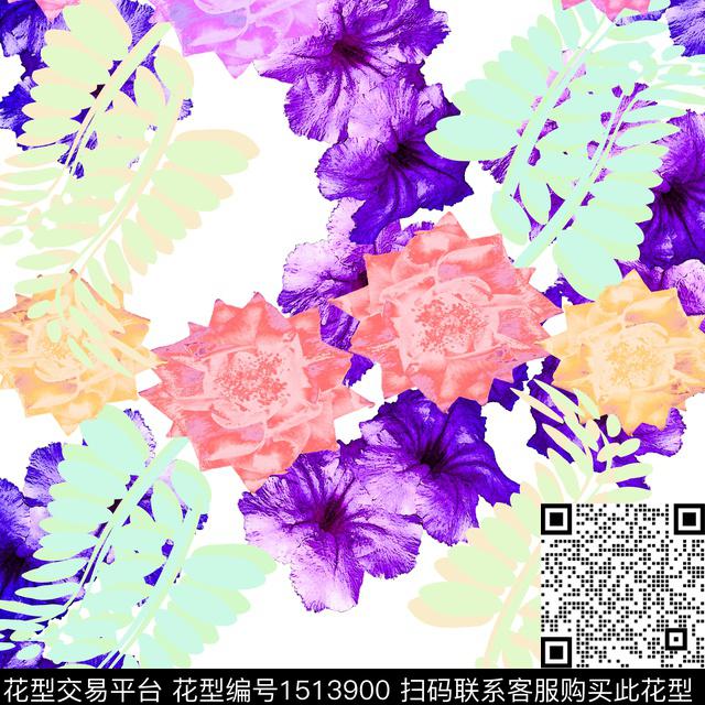 花卉抽象混合拼接数码印花华亿平台下载（图片编号: 1513900） - 瓦栏（Walan）