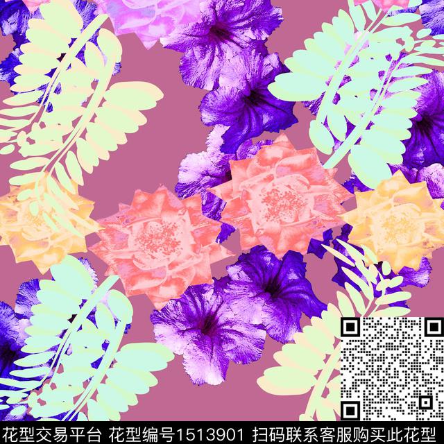 花卉抽象混合拼接数码印花华亿平台下载（图片编号: 1513901） - 瓦栏（Walan）