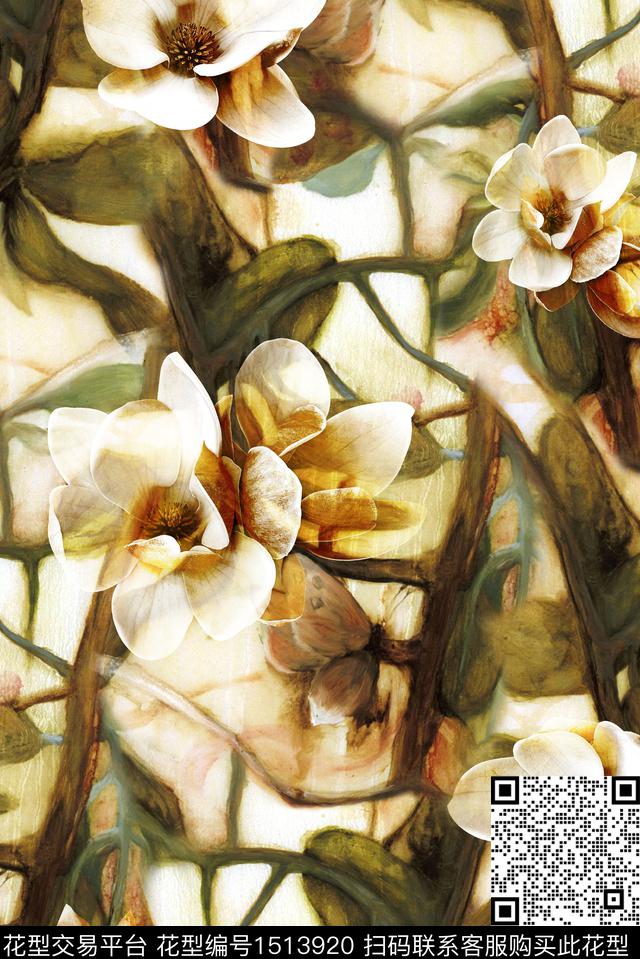 绿植树叶香云纱复古数码印花华亿平台下载（图片编号: 1513920） - 瓦栏（Walan）