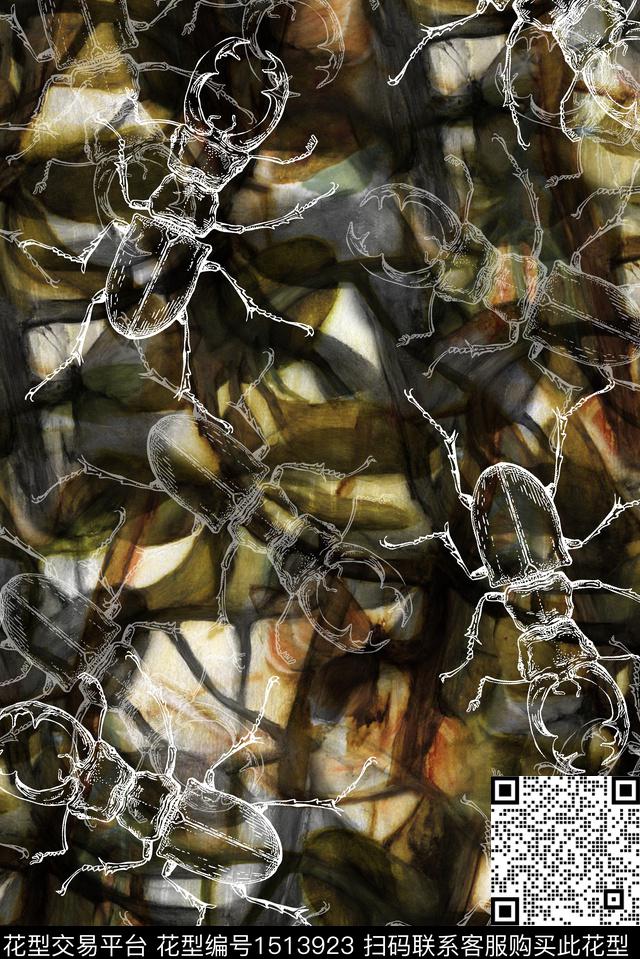 抽象昆虫绿植树叶数码印花华亿平台下载（图片编号: 1513923） - 瓦栏（Walan）