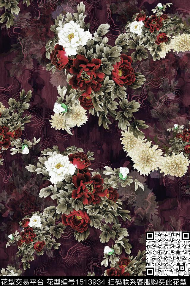 香云纱中老年组合花卉数码印花华亿平台下载（图片编号: 1513934） - 瓦栏（Walan）