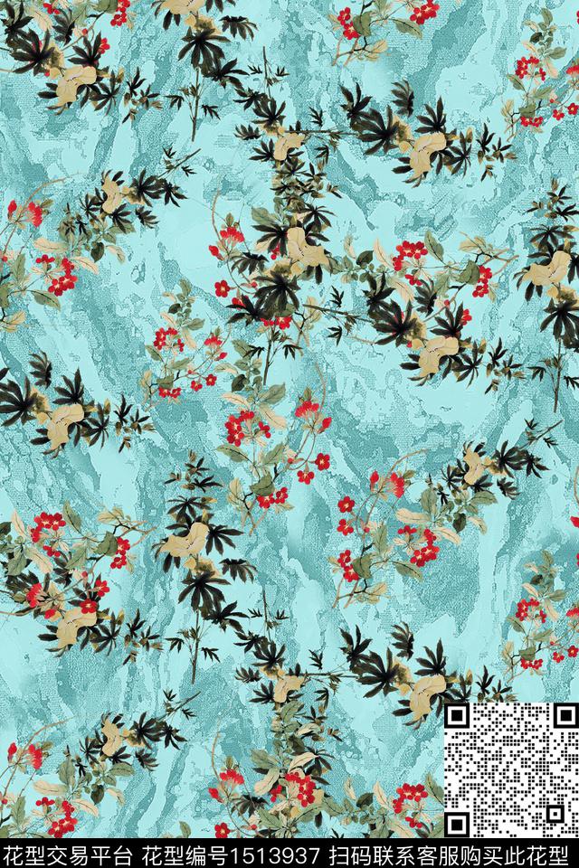 香云纱中老年组合花卉数码印花华亿平台下载（图片编号: 1513937） - 瓦栏（Walan）