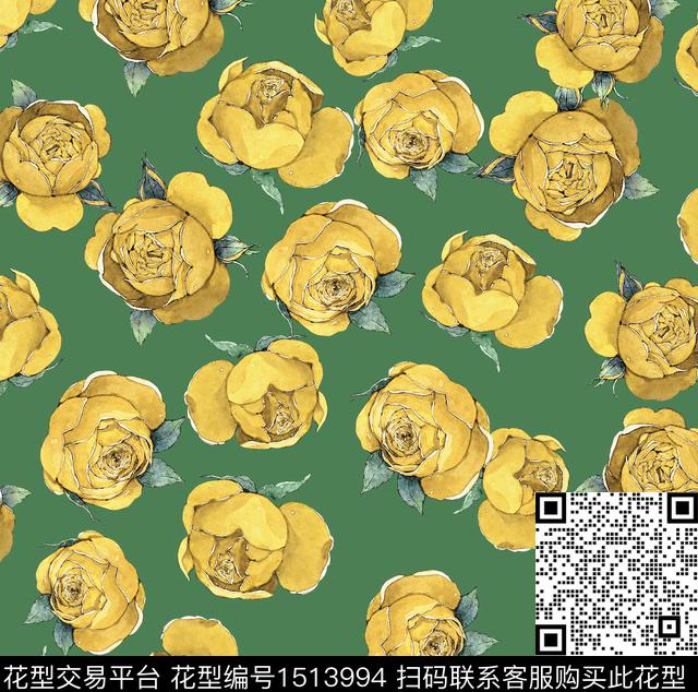 花卉手绘玫瑰水彩花卉数码印花华亿平台下载（图片编号: 1513994） - 瓦栏（Walan）