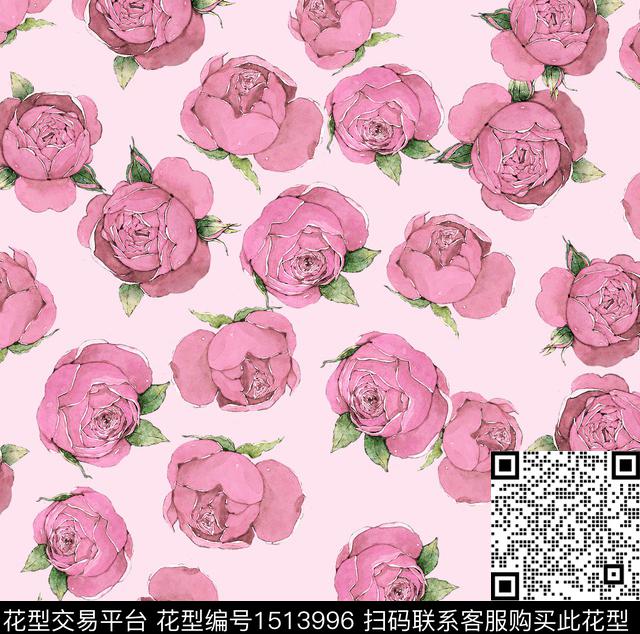 花卉手绘玫瑰水彩花卉数码印花华亿平台下载（图片编号: 1513996） - 瓦栏（Walan）