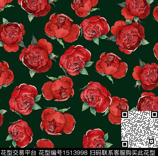 花卉手绘玫瑰水彩花卉数码印花华亿平台下载（图片编号: 1513998） - 瓦栏（Walan）
