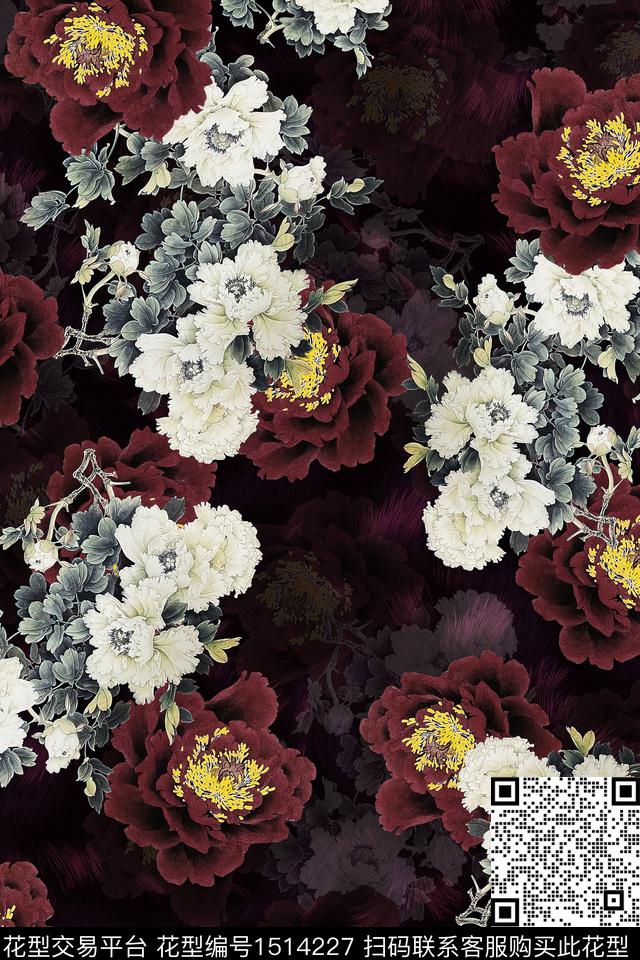 香云纱中老年组合花卉数码印花华亿平台下载（图片编号: 1514227） - 瓦栏（Walan）