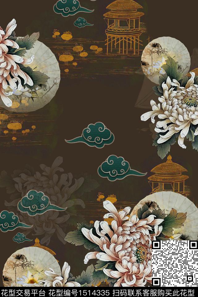 花卉香云纱中国风数码印花华亿平台下载（图片编号: 1514335） - 瓦栏（Walan）