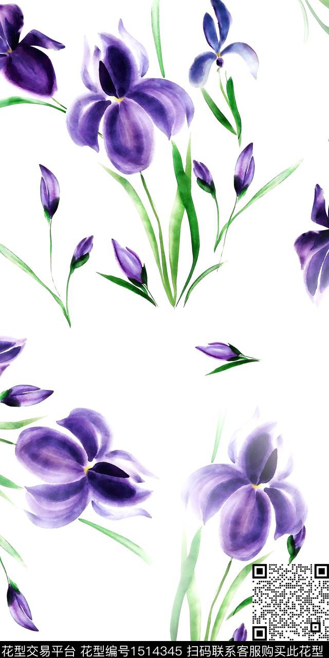 花卉大牌风手绘花卉数码印花华亿平台下载（图片编号: 1514345） - 瓦栏（Walan）