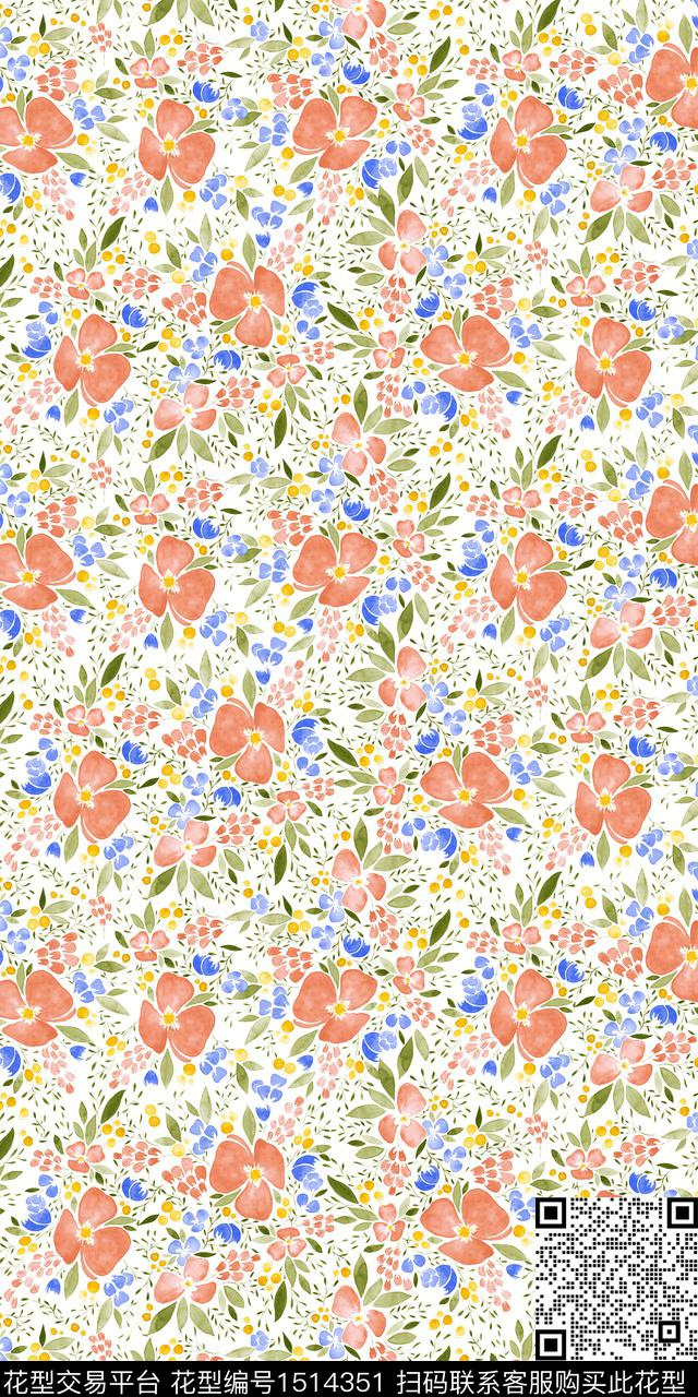 花卉小碎花手绘花卉数码印花华亿平台下载（图片编号: 1514351） - 瓦栏（Walan）