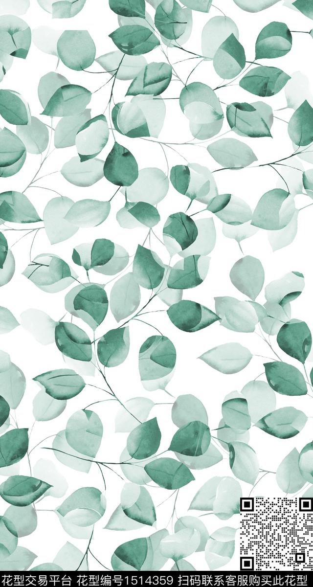 小清新真丝绿植树叶数码印花华亿平台下载（图片编号: 1514359） - 瓦栏（Walan）