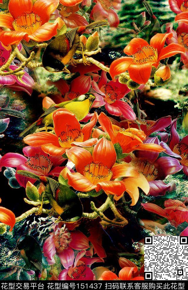 缠枝花卉树枝动物数码印花华亿平台下载（图片编号: 151437） - 瓦栏（Walan）
