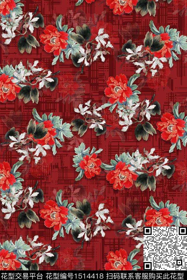 香云纱中老年组合花卉数码印花华亿平台下载（图片编号: 1514418） - 瓦栏（Walan）