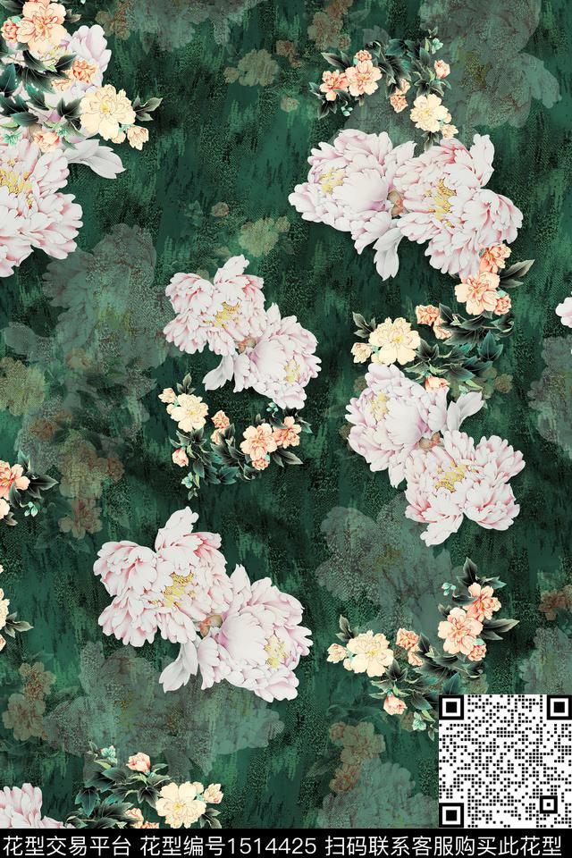 香云纱中老年组合花卉数码印花华亿平台下载（图片编号: 1514425） - 瓦栏（Walan）