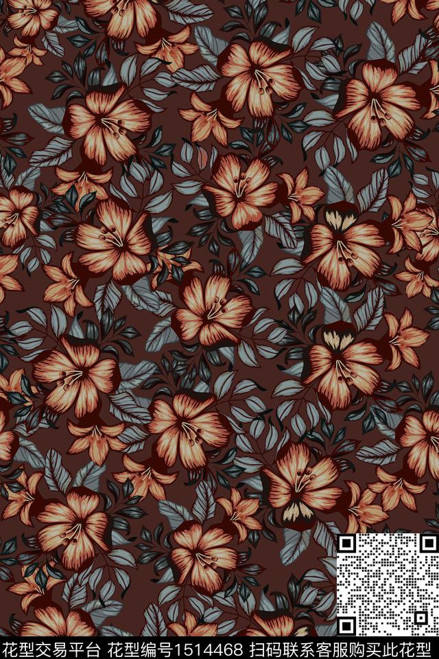 花卉手绘矢量数码印花华亿平台下载（图片编号: 1514468） - 瓦栏（Walan）