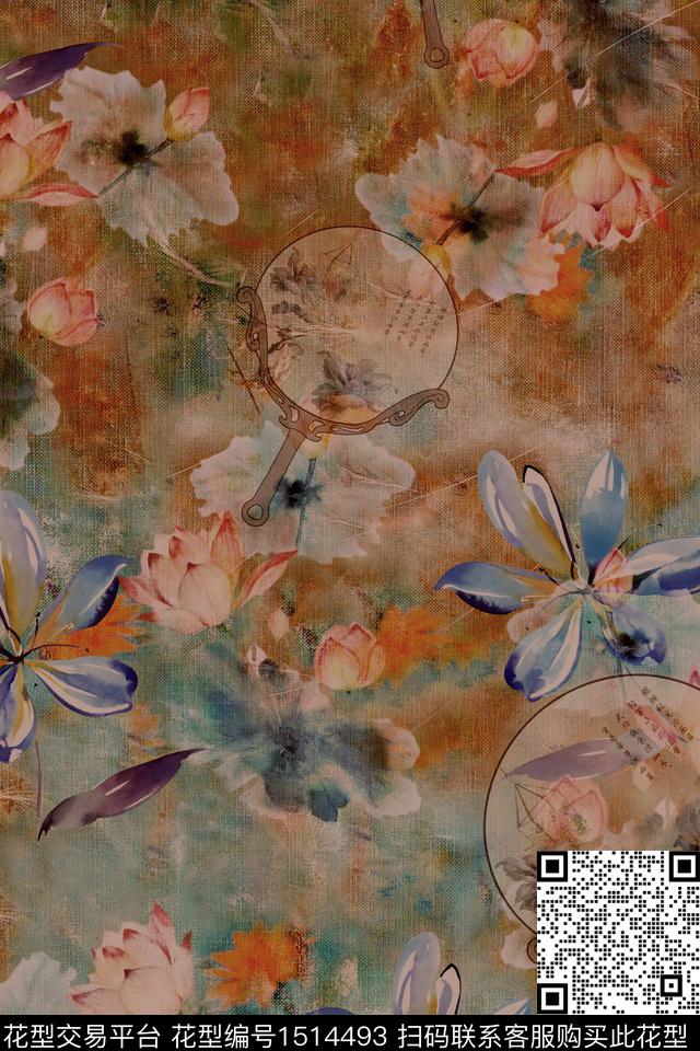 荷花香云纱中国风数码印花华亿平台下载（图片编号: 1514493） - 瓦栏（Walan）
