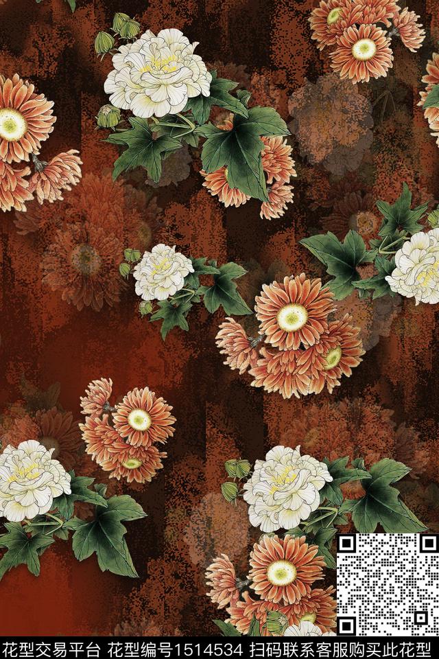 香云纱中老年组合花卉数码印花华亿平台下载（图片编号: 1514534） - 瓦栏（Walan）