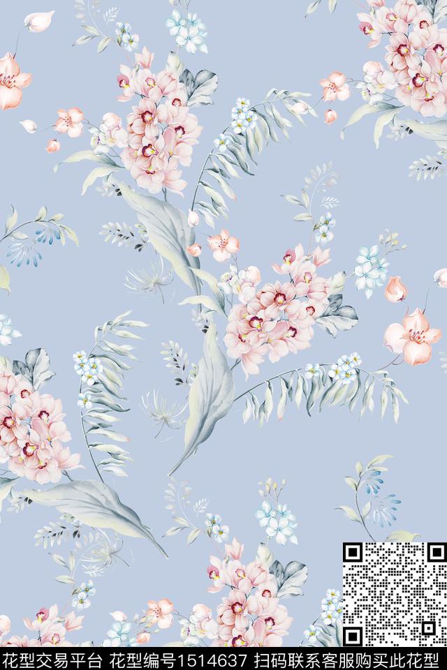 花卉小清新真丝数码印花华亿平台下载（图片编号: 1514637） - 瓦栏（Walan）