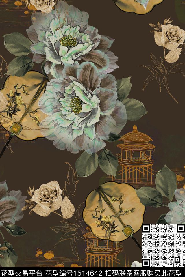 花卉香云纱中国风数码印花华亿平台下载（图片编号: 1514642） - 瓦栏（Walan）