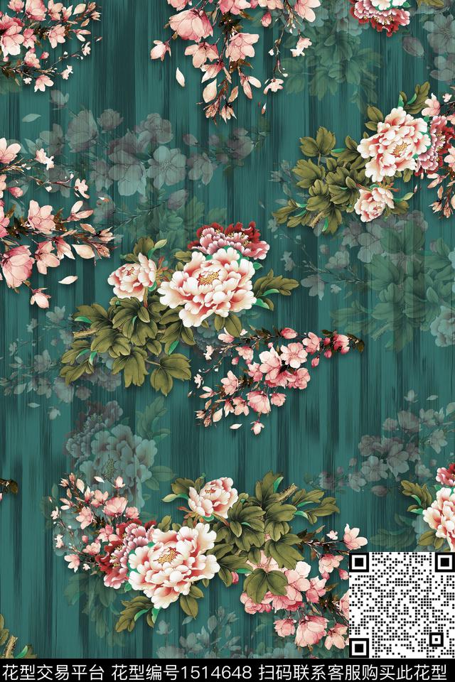 香云纱中老年组合花卉数码印花华亿平台下载（图片编号: 1514648） - 瓦栏（Walan）