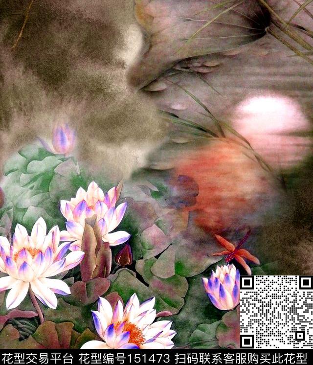 荷花月光倒影数码印花华亿平台下载（图片编号: 151473） - 瓦栏（Walan）