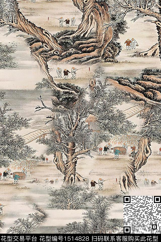 香云纱国画中老年数码印花华亿平台下载（图片编号: 1514828） - 瓦栏（Walan）