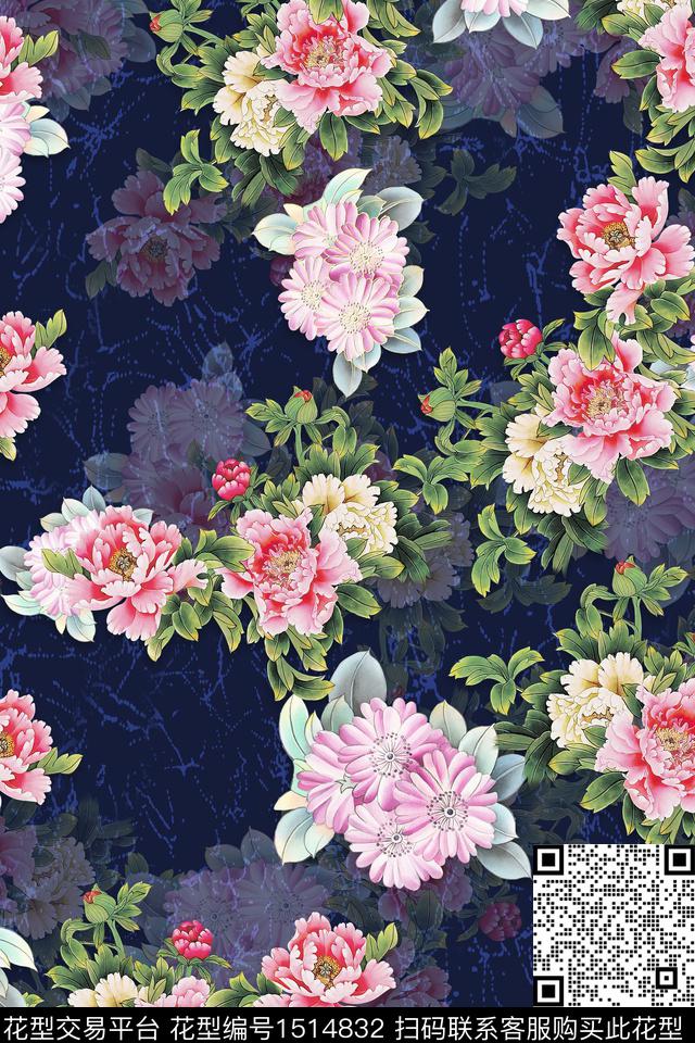 香云纱中老年组合花卉数码印花华亿平台下载（图片编号: 1514832） - 瓦栏（Walan）