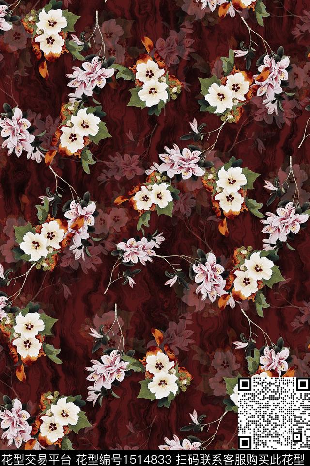 香云纱中老年组合花卉数码印花华亿平台下载（图片编号: 1514833） - 瓦栏（Walan）