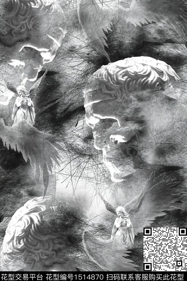 翅膀天使骷髅数码印花华亿平台下载（图片编号: 1514870） - 瓦栏（Walan）