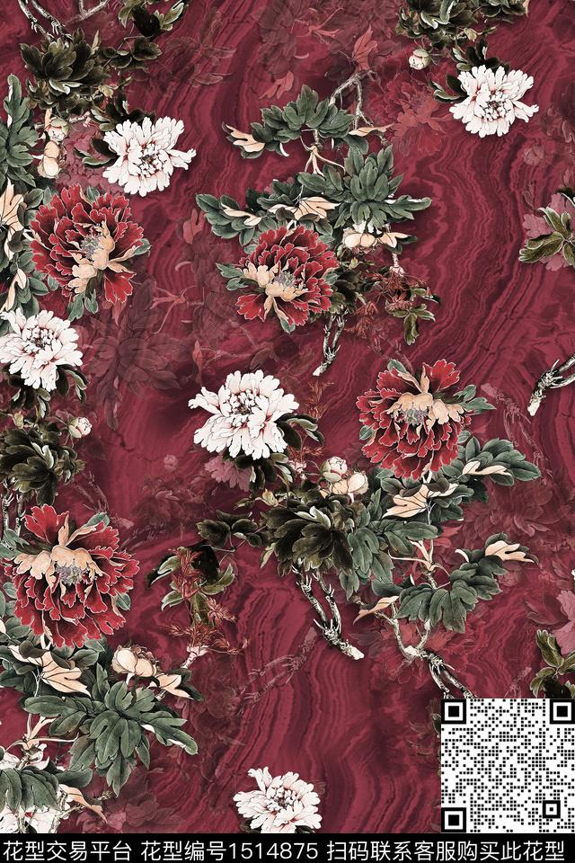香云纱中老年组合花卉数码印花华亿平台下载（图片编号: 1514875） - 瓦栏（Walan）