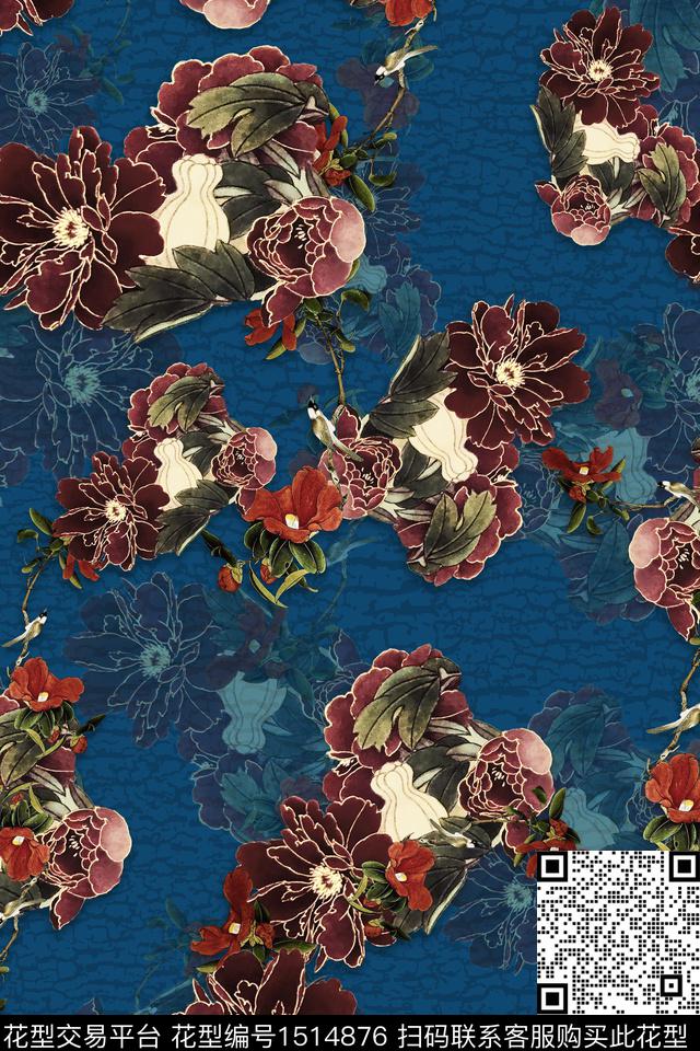 香云纱中老年组合花卉数码印花华亿平台下载（图片编号: 1514876） - 瓦栏（Walan）