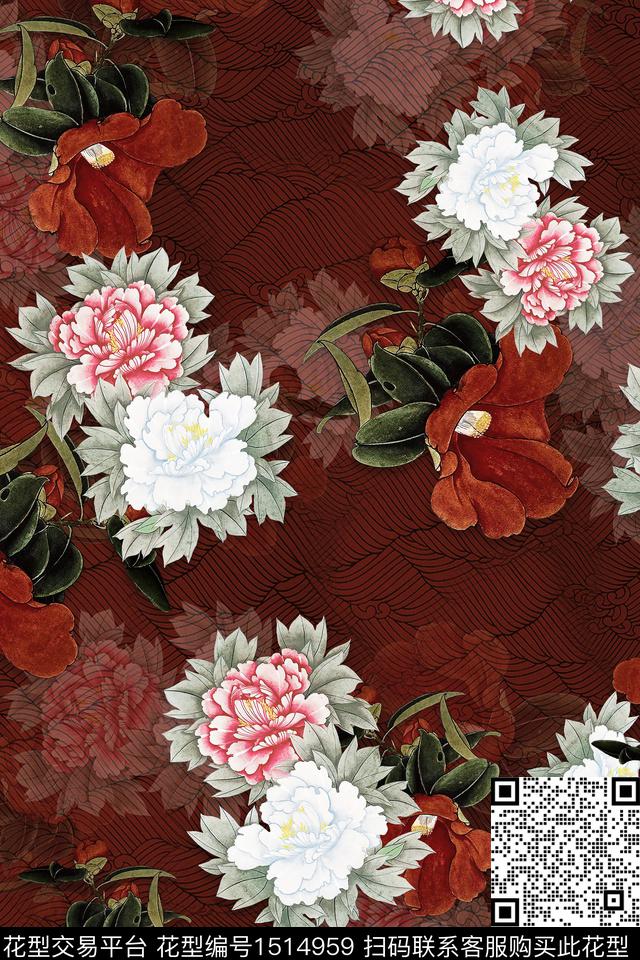 香云纱中老年组合花卉数码印花华亿平台下载（图片编号: 1514959） - 瓦栏（Walan）