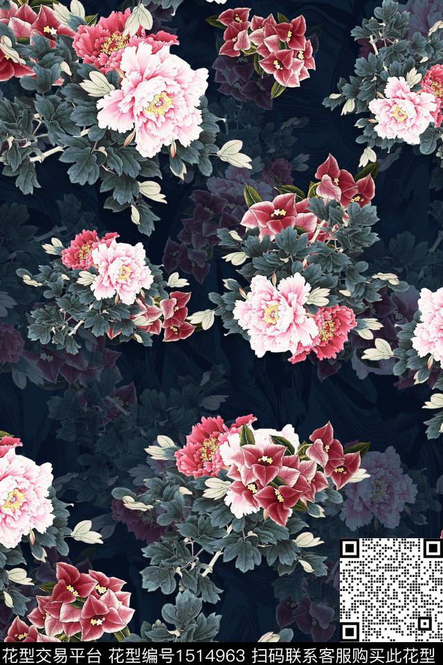 香云纱中老年组合花卉数码印花华亿平台下载（图片编号: 1514963） - 瓦栏（Walan）